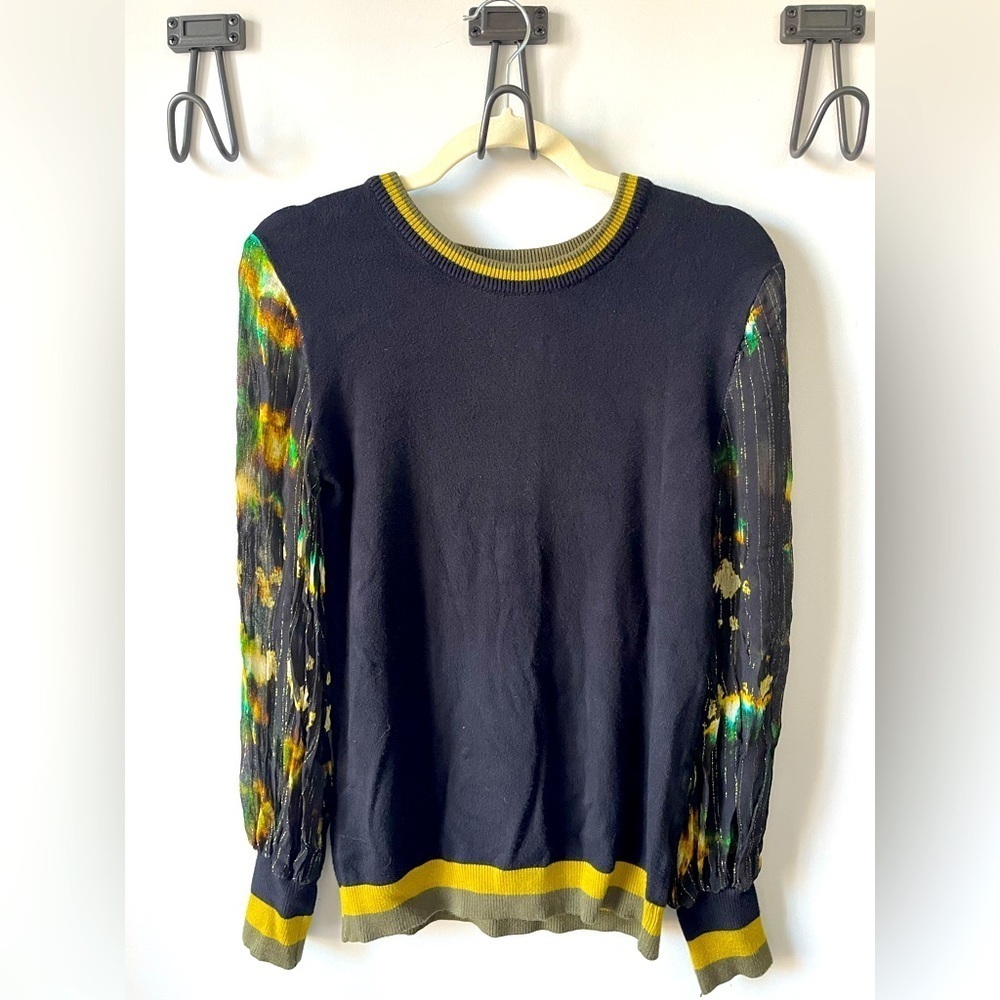 Bl^nk London, XS, women’s black knit blouse with printed sheer sleeves, EUC